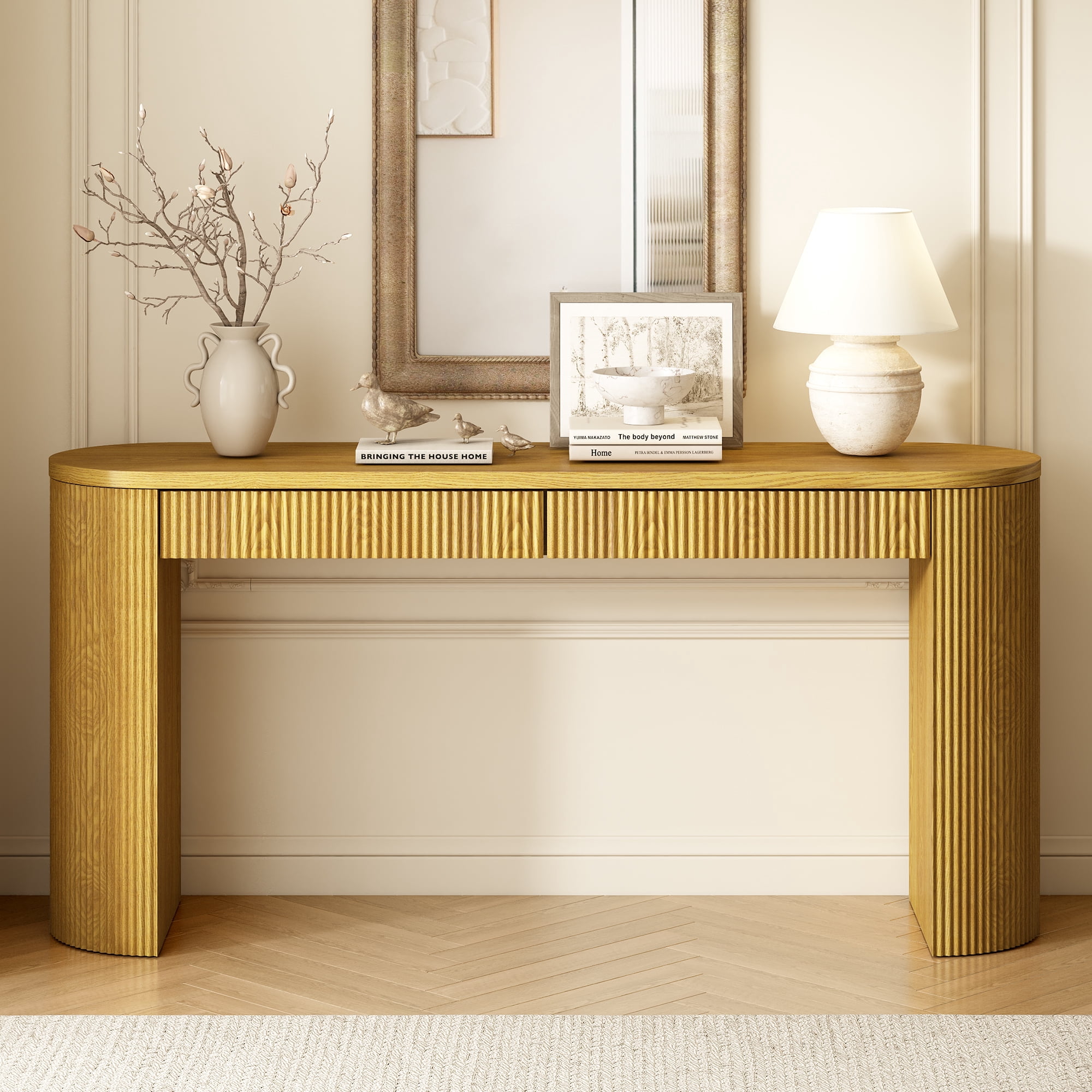 Aukfa Wood Console Table with 2 Drawers,Vertical Striped Sofa Table for Entryway/Hallway,Save Space Natural