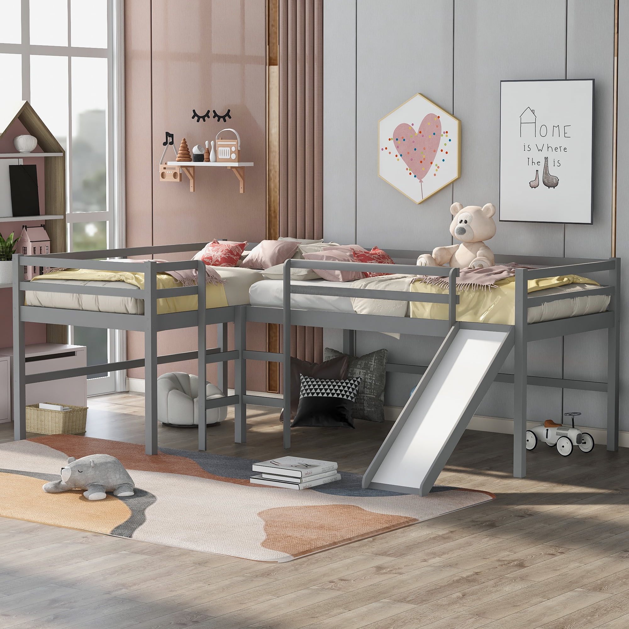 Aukfa Wood Loft Bed for Kids and Teens, Modern Twin Size LShaped Loft