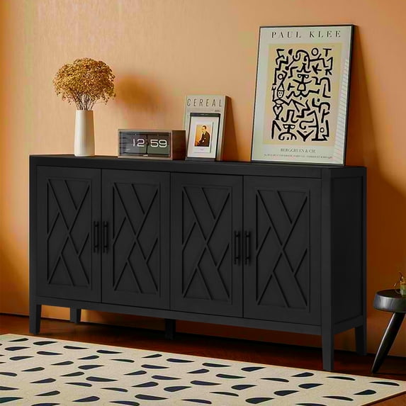 Aukfa Wood Sideboard Storage Cabinet with 4 Door for Entryway Living Room Hallway,Black