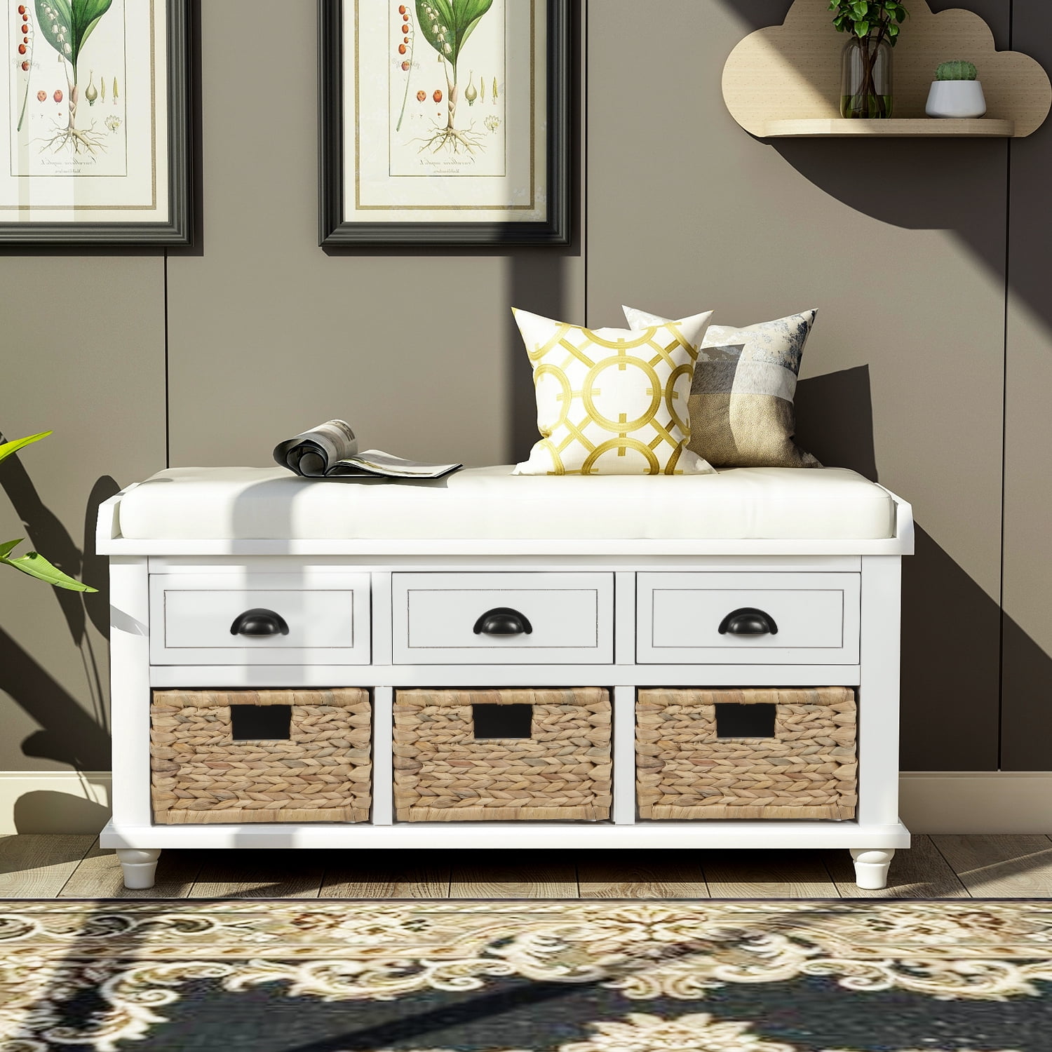 Aukfa Wood Storage Bench With 3 Drawers 3 Rattan Baskets For Bedroom aukfa-wood-storage-bench-with-3-drawers-3-rattan-baskets-for-bedroom