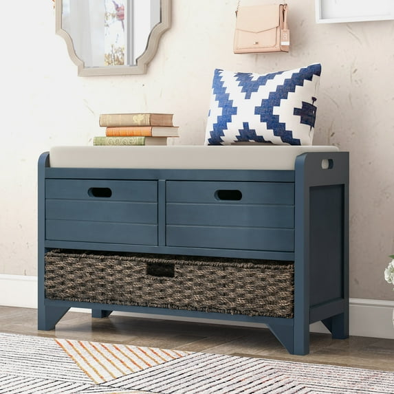 Aukfa Wood Storage Bench with Removable Basket and 2 Drawers for Entryway - Blue