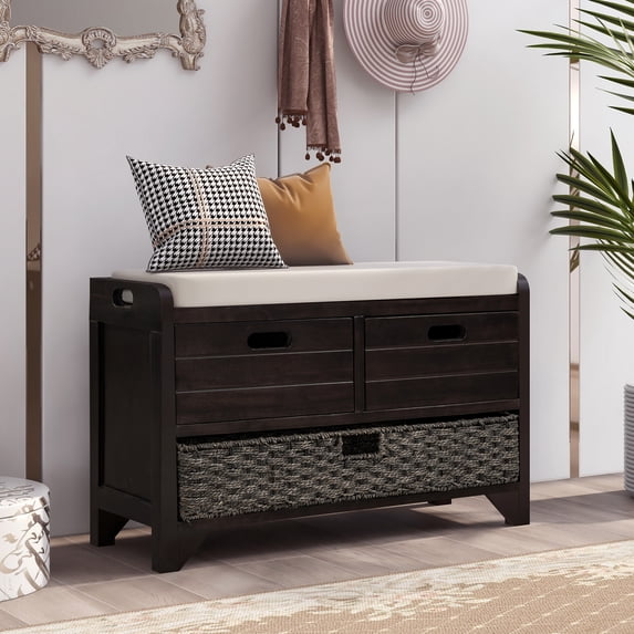 Aukfa Wood Storage Bench with Removable Basket and 2 Drawers for Entryway - Espresso