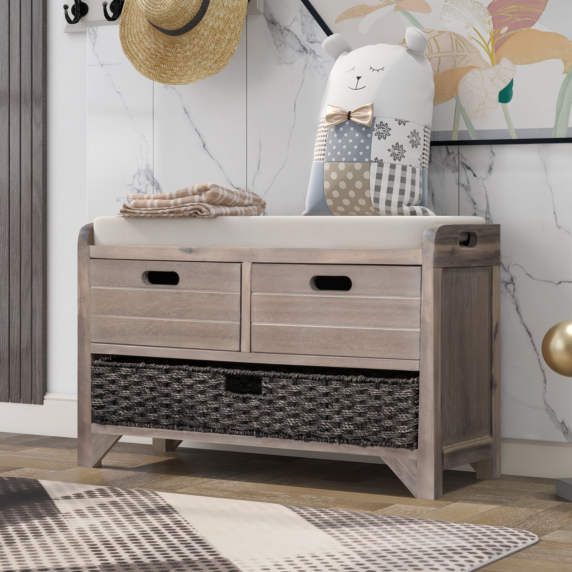 Aukfa Wood Storage Bench with Removable Basket and 2 Drawers for Entryway - Light Brown