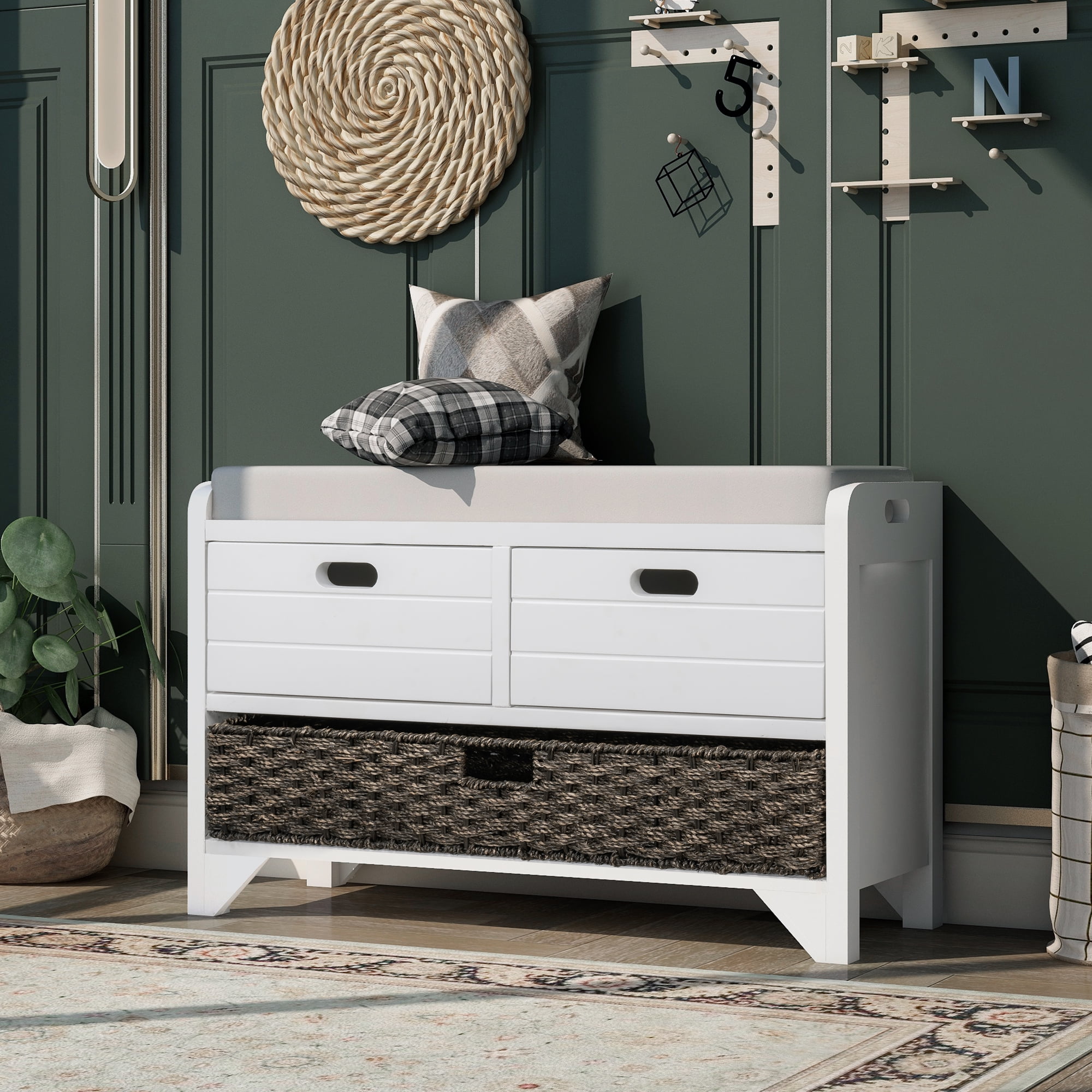 Aukfa Wood Storage Bench with Removable Basket and 2 Drawers for Entryway - White