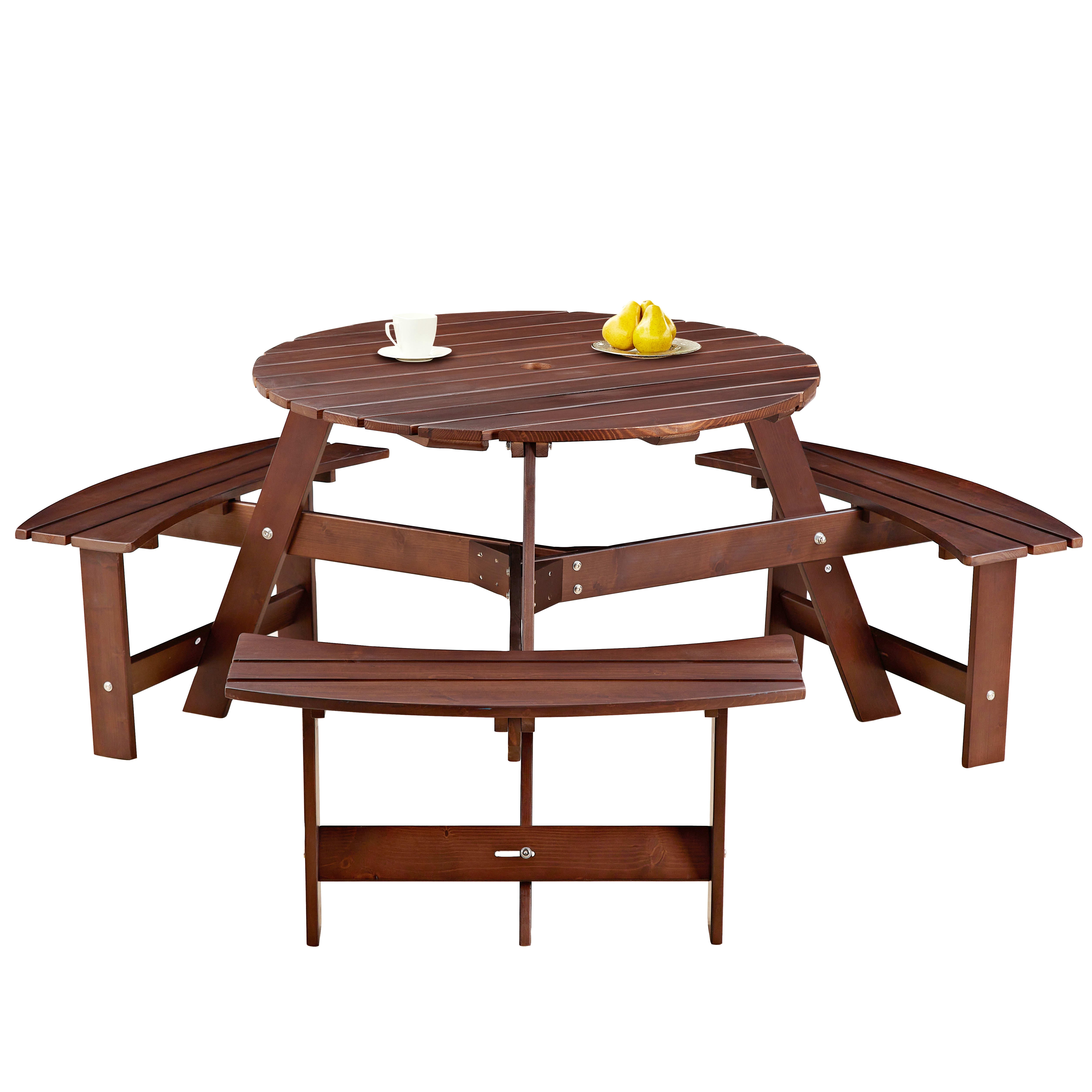 Aukfa Wooden Picnic Table for 6,Outdoor Round Picnic Table w/ 3 Benches for Garden, Backyard,Brown
