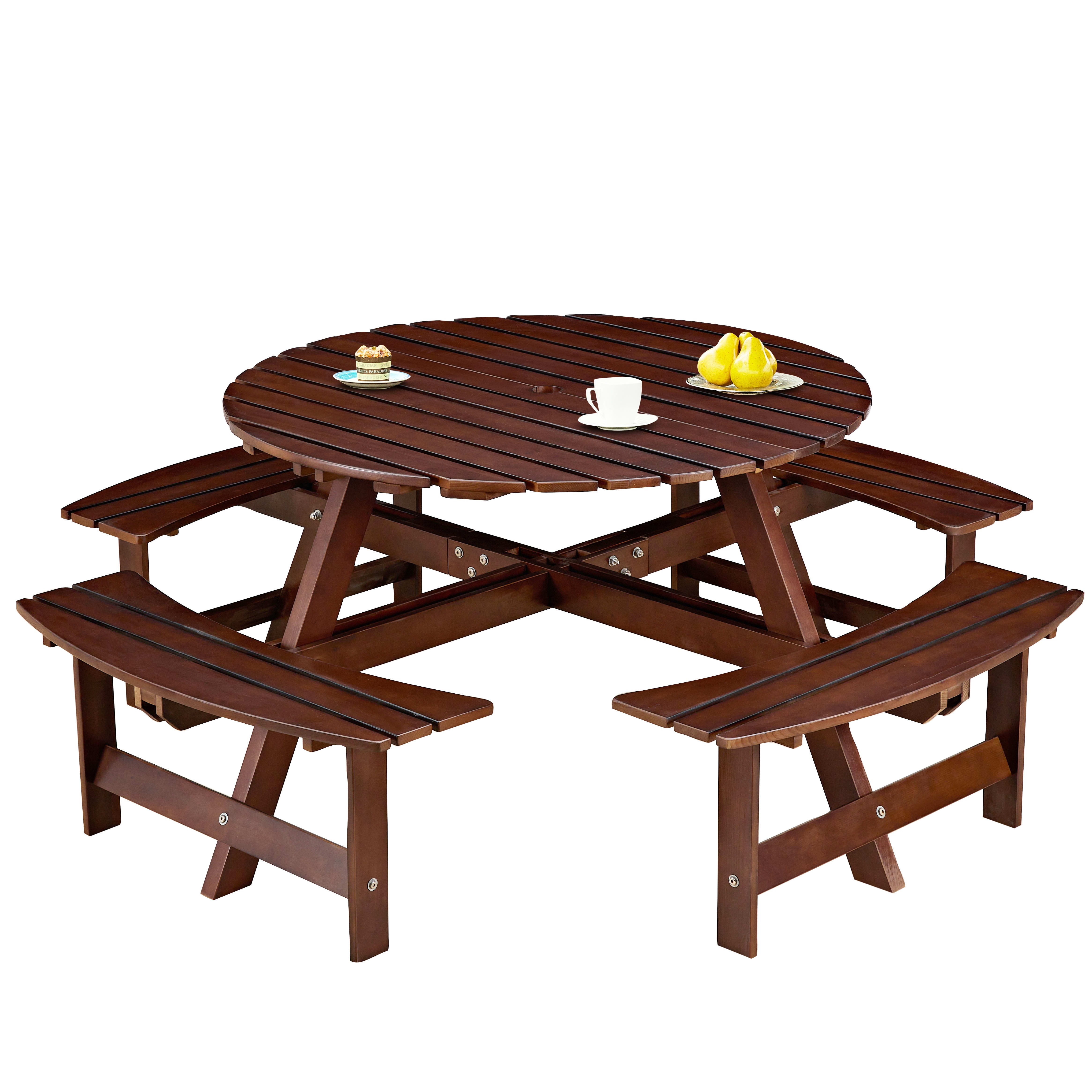 Aukfa Wooden Picnic Table for 8,Outdoor Round Picnic Table w/ 3 Benches for Garden, Backyard,Brown