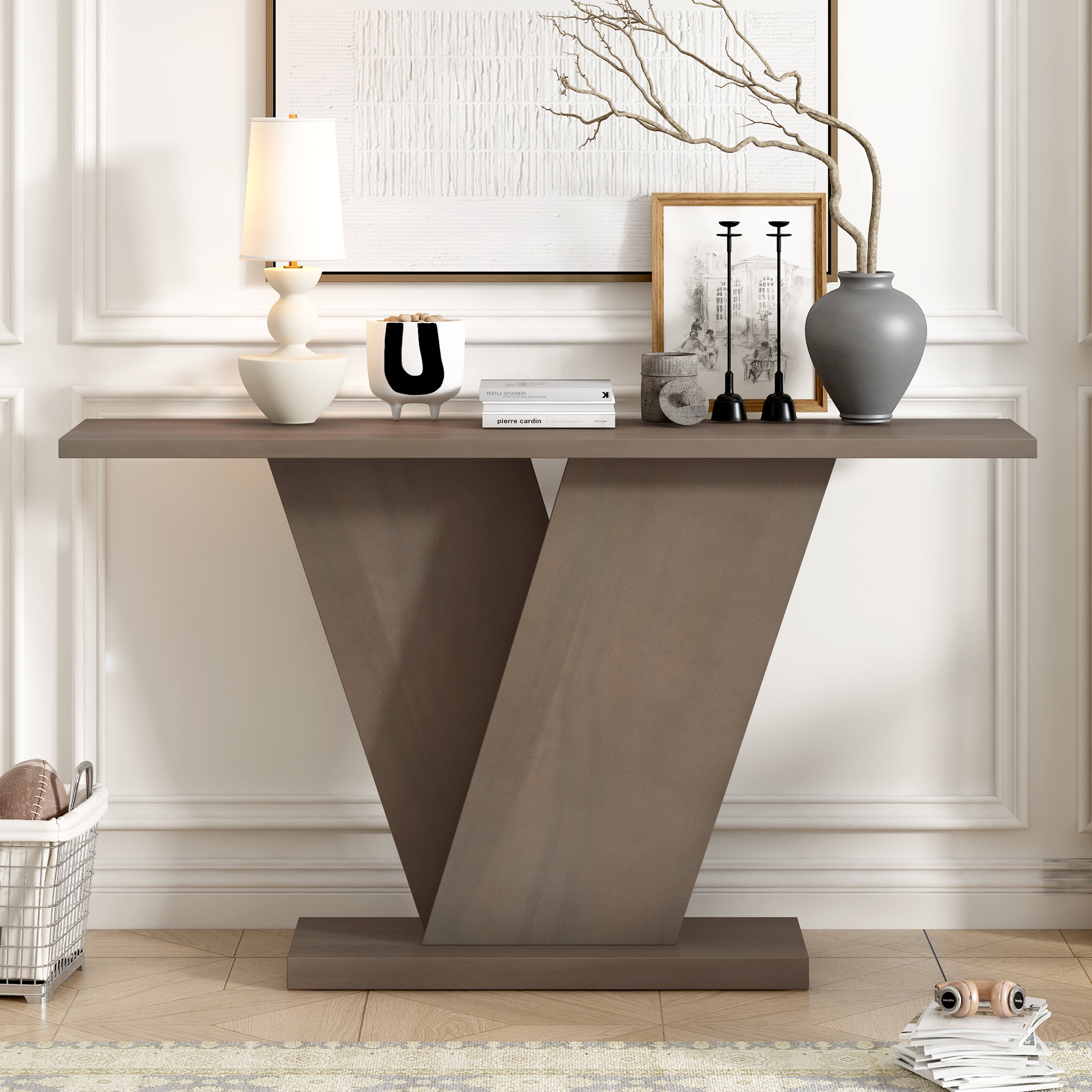 Aukfa Wooden Rectangular Console Table, Sofa Table Behind The Couch V-Base Design for Living Room, Entryway,Brown