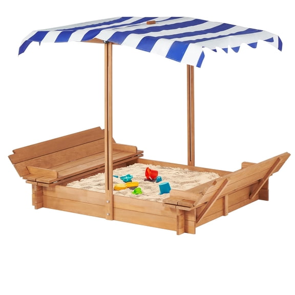 Aukfa Wooden Sandbox w/ Cover & 2 Foldable Bench Seats for Kids,Brown