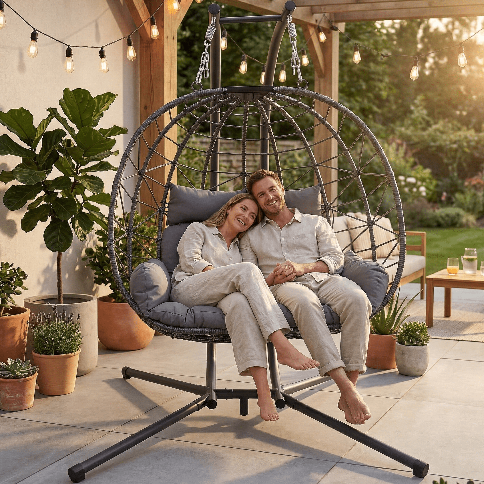 Aukfa XL 2-Person Double Egg Swing Chair with Stand, Heavy Duty Outdoor Wicker Hanging Chair with Cushions & Headrest, Gray