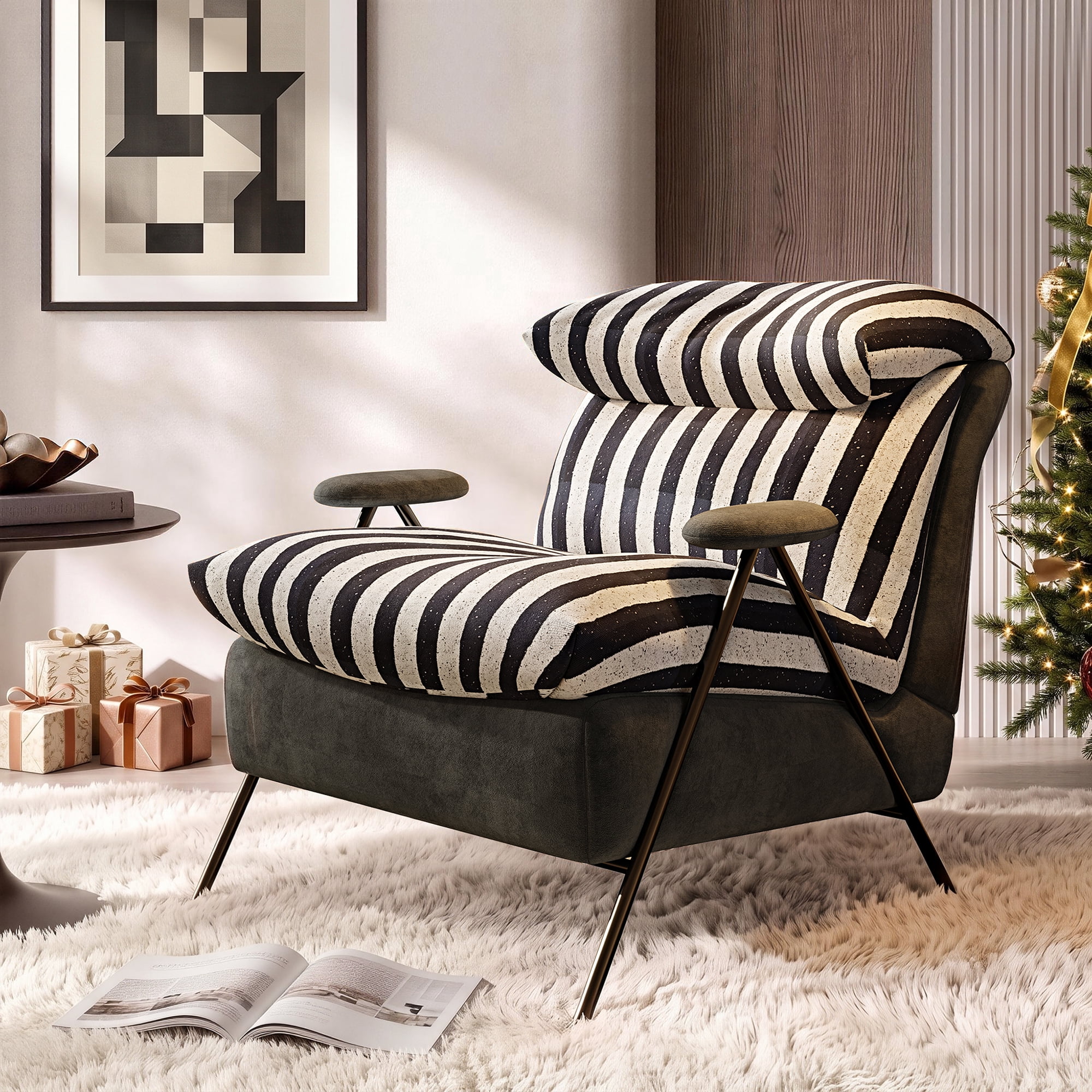 Aukfa Zebra Stripe Accent Chair, Modern Upholstered Armchair with Thick Padded Seat and Back for Living Room & Bedroom