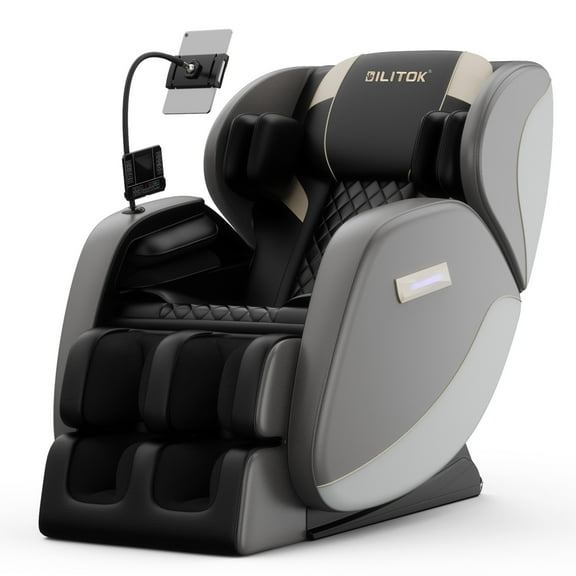 Aukfa Zero Gravity Full Body Massage Chair with Heating, Retractable Footrest, Leather, Gray