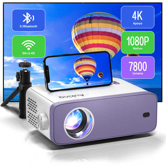 Auking 1080P WIFI Bluetooth HD LCD Mini Projector, White and Purple