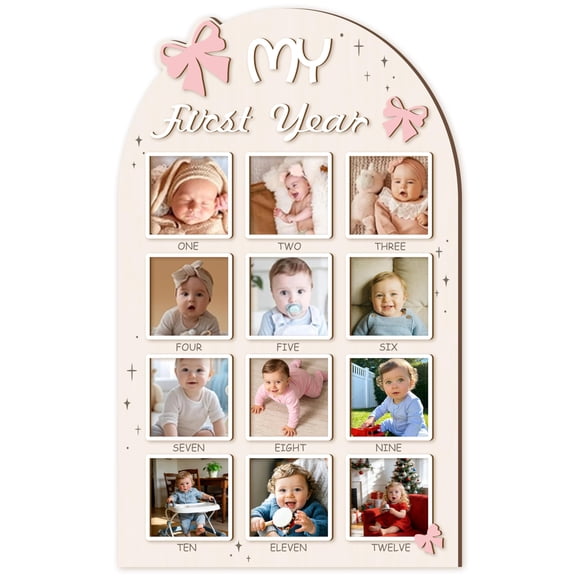 Aukolass Bow One Year of Photo Board, My First Year Photo Photo Board 12 Monthly Milestones Picture Frame for Baby Girl 1st Birthday Decorations (pink, 4" x 4") A101