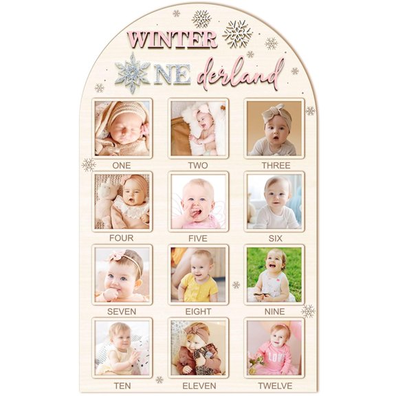 Aukolass Snowflake Themed One Year of Wood Photo Board, My First Year Photo Frame 12 Months Milestone Board for Winter Wonderland 1st Birthday Decorations Gift (pink, 4" x 4") A101