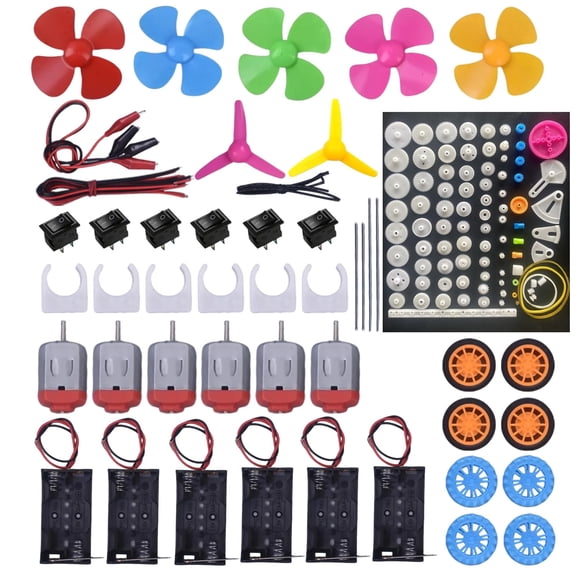 Aukuyee 6 pack DC Motor Kit 3V, 131PCS STEM Building Set with 85 Gears, Wheels, Battery Holders, Switches & Propellers for DIY Science Projects