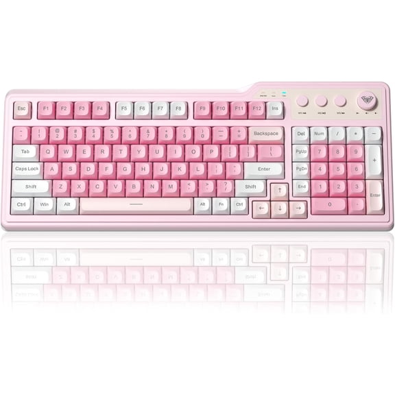 Aula F3099 Wireless Keyboard with Media Knob, Tri-Mode BT5.0/2.4GHz/USB-C Cute Creamy Keyboard with Number Pad, RGB Backlit Gaming Keyboard, Quiet Typing Pink Computer Keyboards for Office Laptop/PC