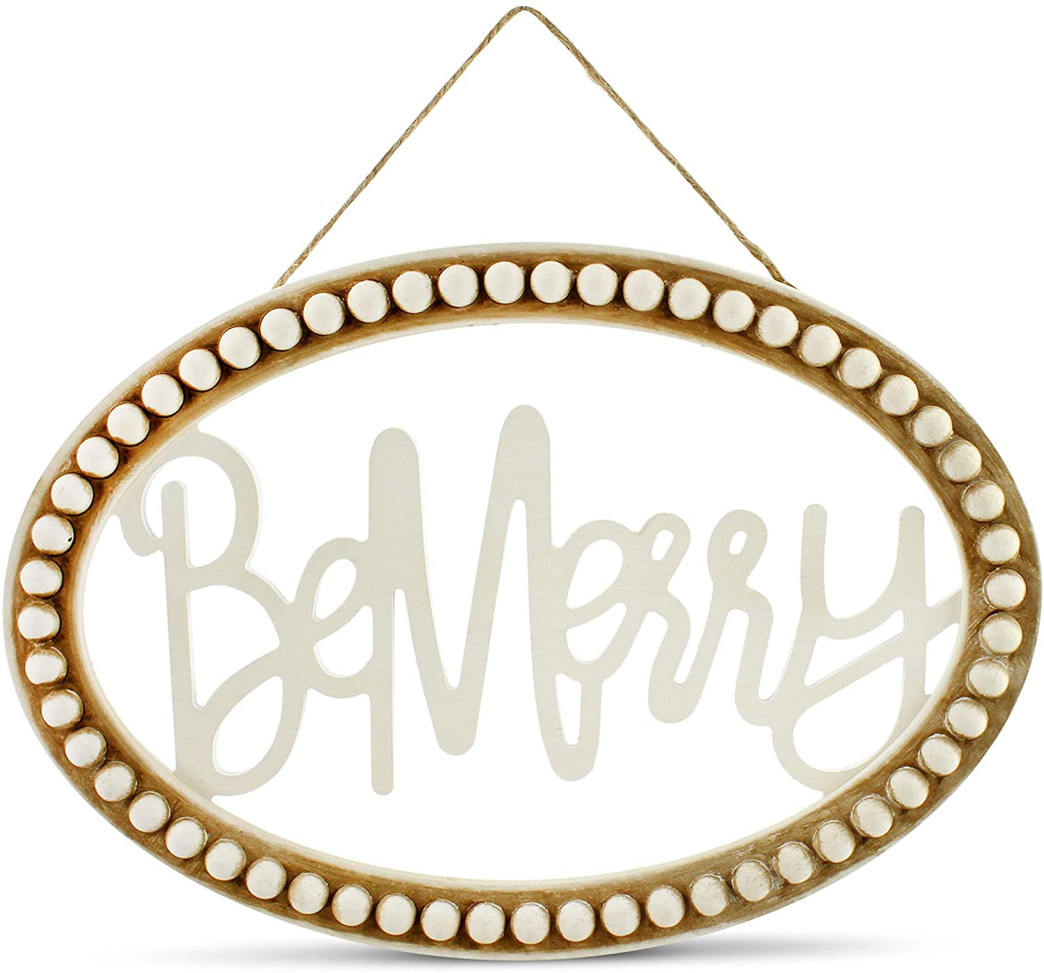 Rustic Oval Wood Beaded Christmas Sign with Jute Hanger