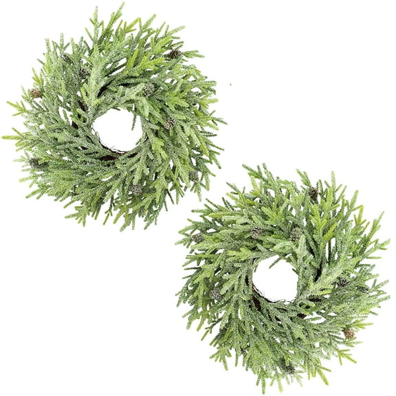 AuldHome Design Artificial Christmas Wreaths (2-Pack, 15-Inch); Evergreen Flocked Greenery w/ Pinecones for Doors, Stairways and Windows, Indoor/Outdoor