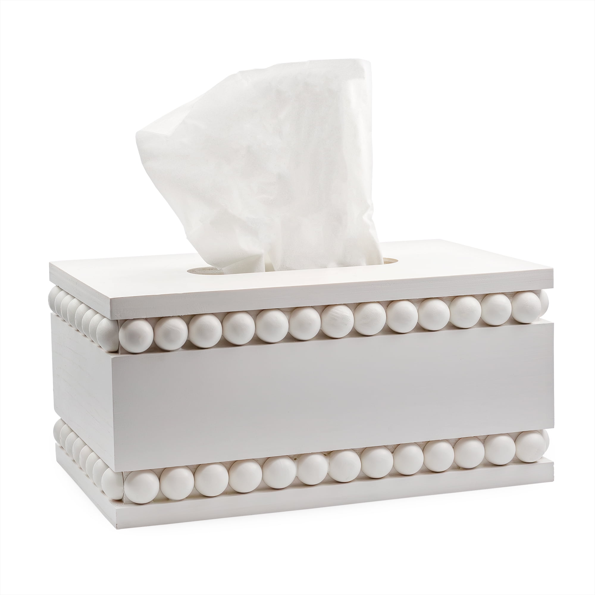 White Beaded Rectangular Paulownia Wood Tissue Box Cover