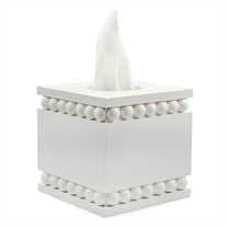 AuldHome Design Beaded Square Tissue Box Cover (White); Rustic Farmhouse Wood Tissue Holder