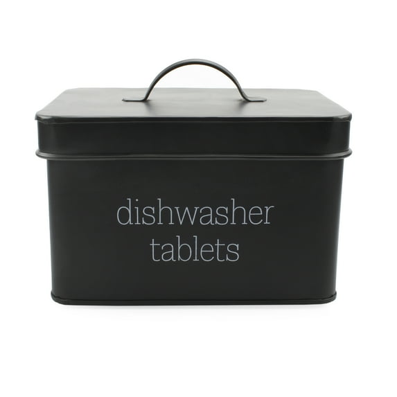 AuldHome Design Black Dishwasher Pod Holder, Tablet Container; Enamelware Kitchen Storage Tin w/ Lid