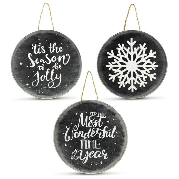 AuldHome Design Chalkboard Sign Ornaments (3 Pack); Jumbo Blackboard Style Round Metal Christmas Signs, Each 8-Inch Diameter