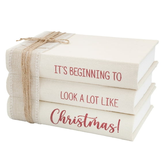AuldHome Design Christmas Faux Book Stack; Decorative Holiday Book Set w/ Burlap Ribbon Wrap