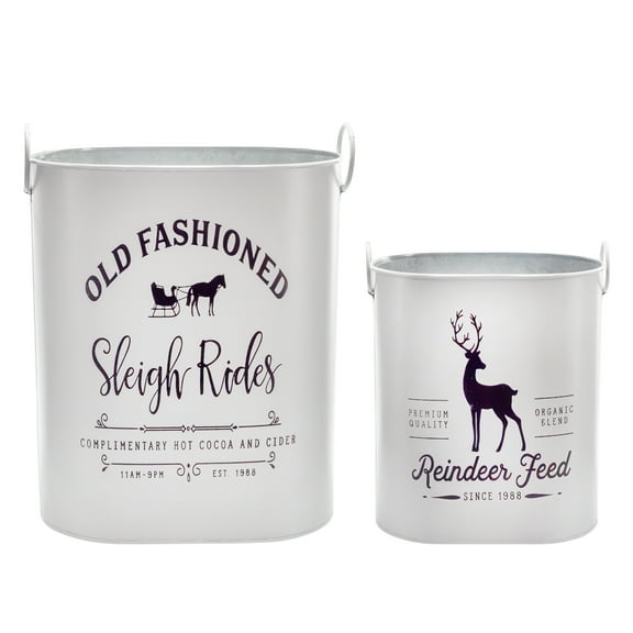 AuldHome Design Christmas Greenery Buckets (Set of 2), Large/Small Black & White Holiday Farmhouse Style Metal Pails