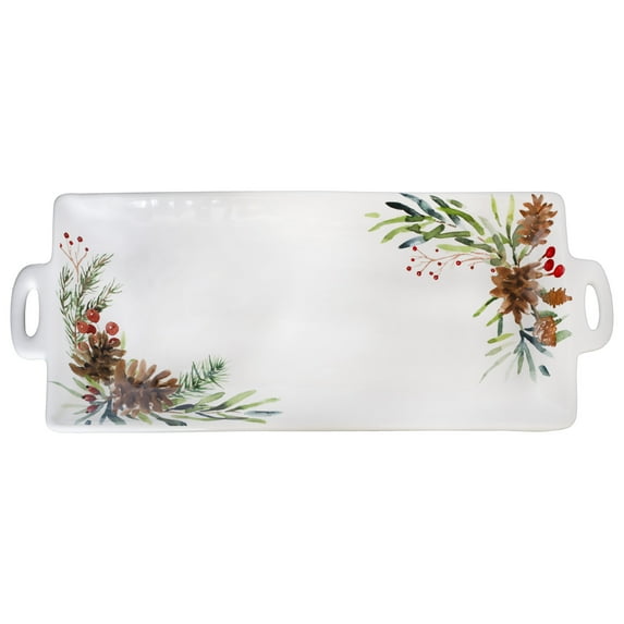 AuldHome Design Christmas Greenery Ceramic Platter; Long Rectangular Holiday Decorative Serving Tray