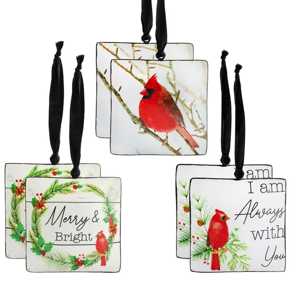 AuldHome Design Christmas Memorial Cardinal Ornaments (Set of 6); Vintage Tin Style Painted Square Hanging Decorations, 3 Designs
