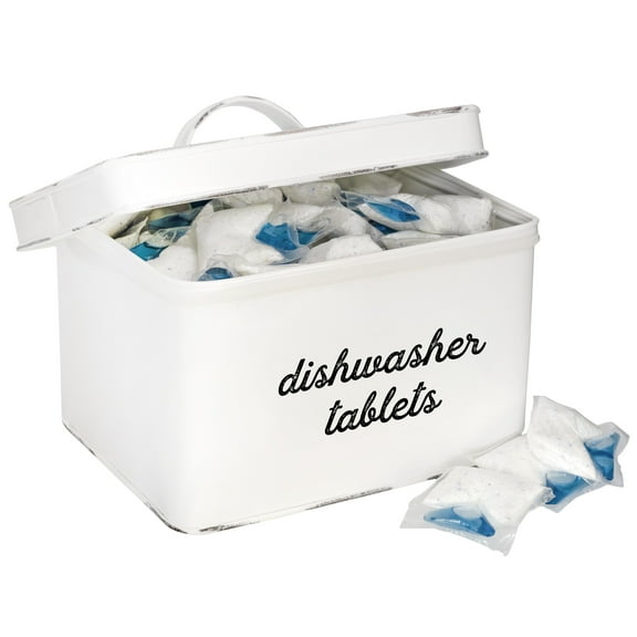 AuldHome Design Dishwasher Pod Holder, Tablet Container; White Enamelware Rustic Kitchen Storage Tin w/ Lid