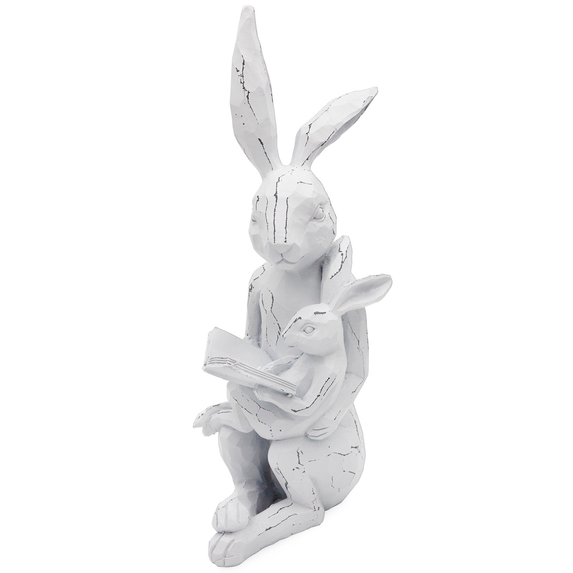 AuldHome Resin Easter Reading Rabbit Figurine with Baby, Outdoor Garden ...
