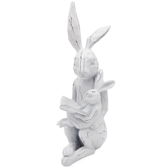 AuldHome Design Easter Reading Rabbit Figurine w/ Baby Rabbit; Farmhouse White Bunny Statue