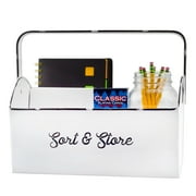 AuldHome Design Enamelware Rustic Caddy w/ Handle, Distressed White Farmhouse Sort and Store Carryall