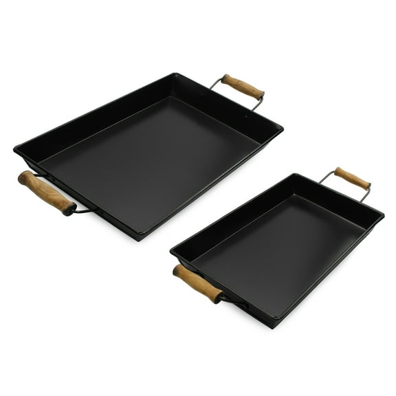 AuldHome Design Enamelware Rustic Trays (Set of 2, Small & Medium, Black); Farmhouse Decor Rectangular Trays w/ Handles