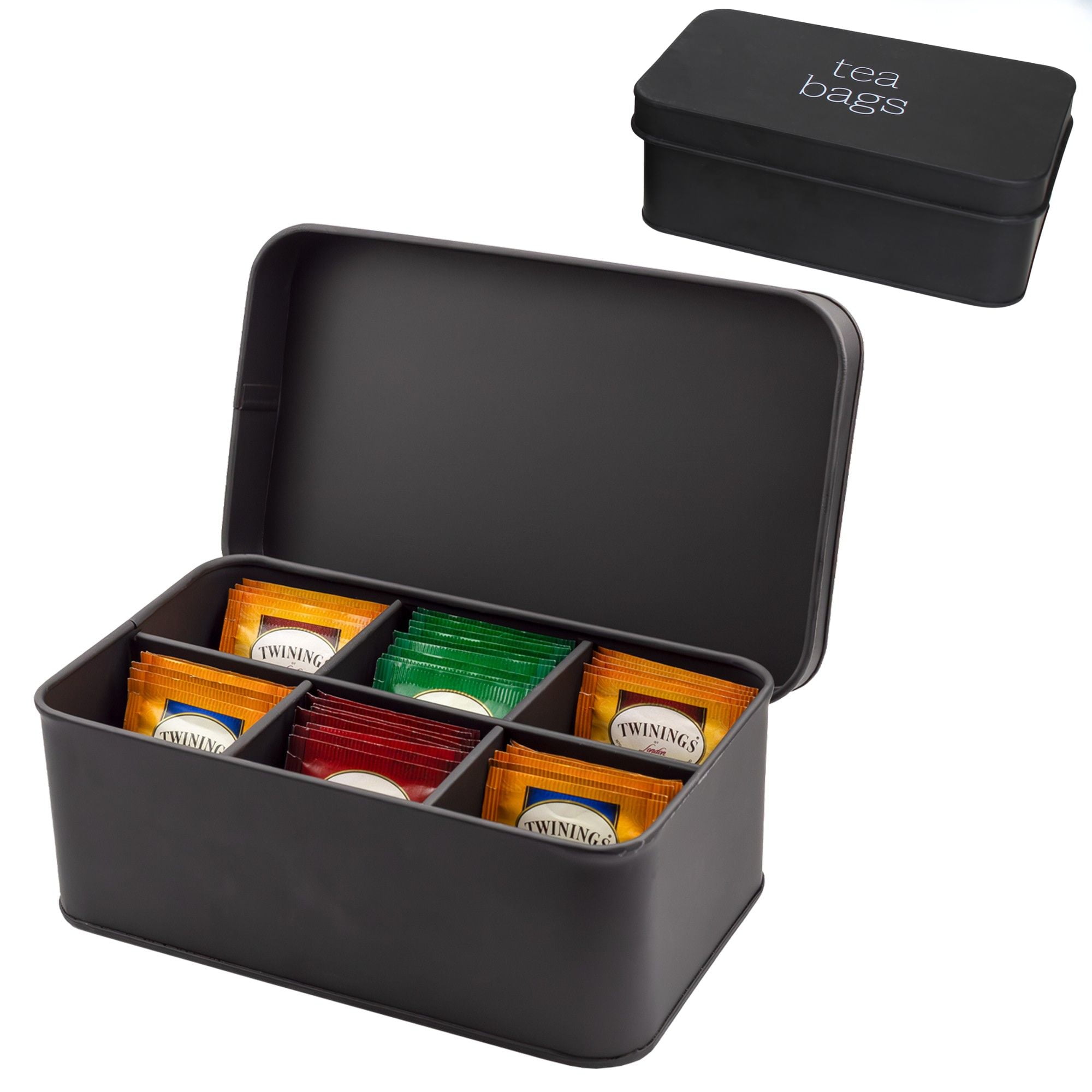 Black Enamelware Tea Bag Storage Box with White Lettering