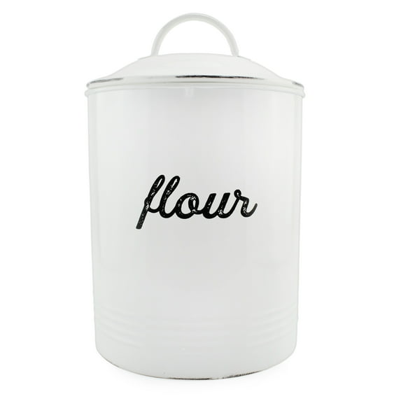 AuldHome Design Enamelware White Flour Canister; Rustic Distressed Style Staples Storage for Kitchen