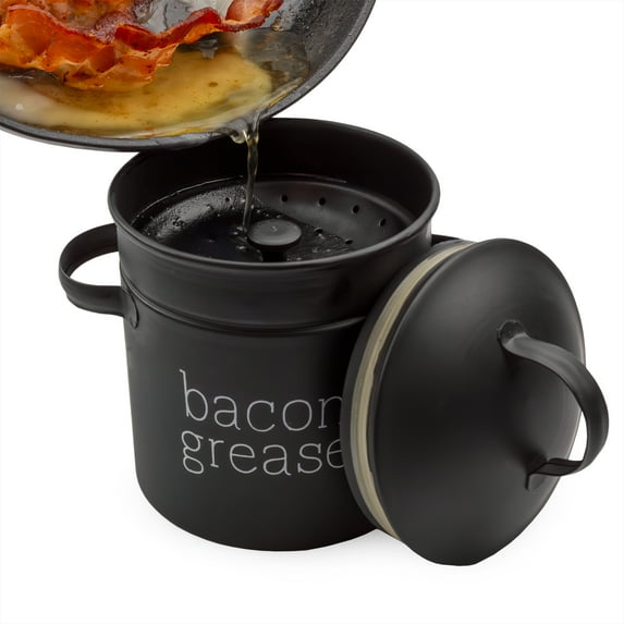 AuldHome Design Farmhouse Bacon Grease Container (Black), Enamelware Bacon Grease Can w/ Strainer, Vintage Style, Keto-Friendly