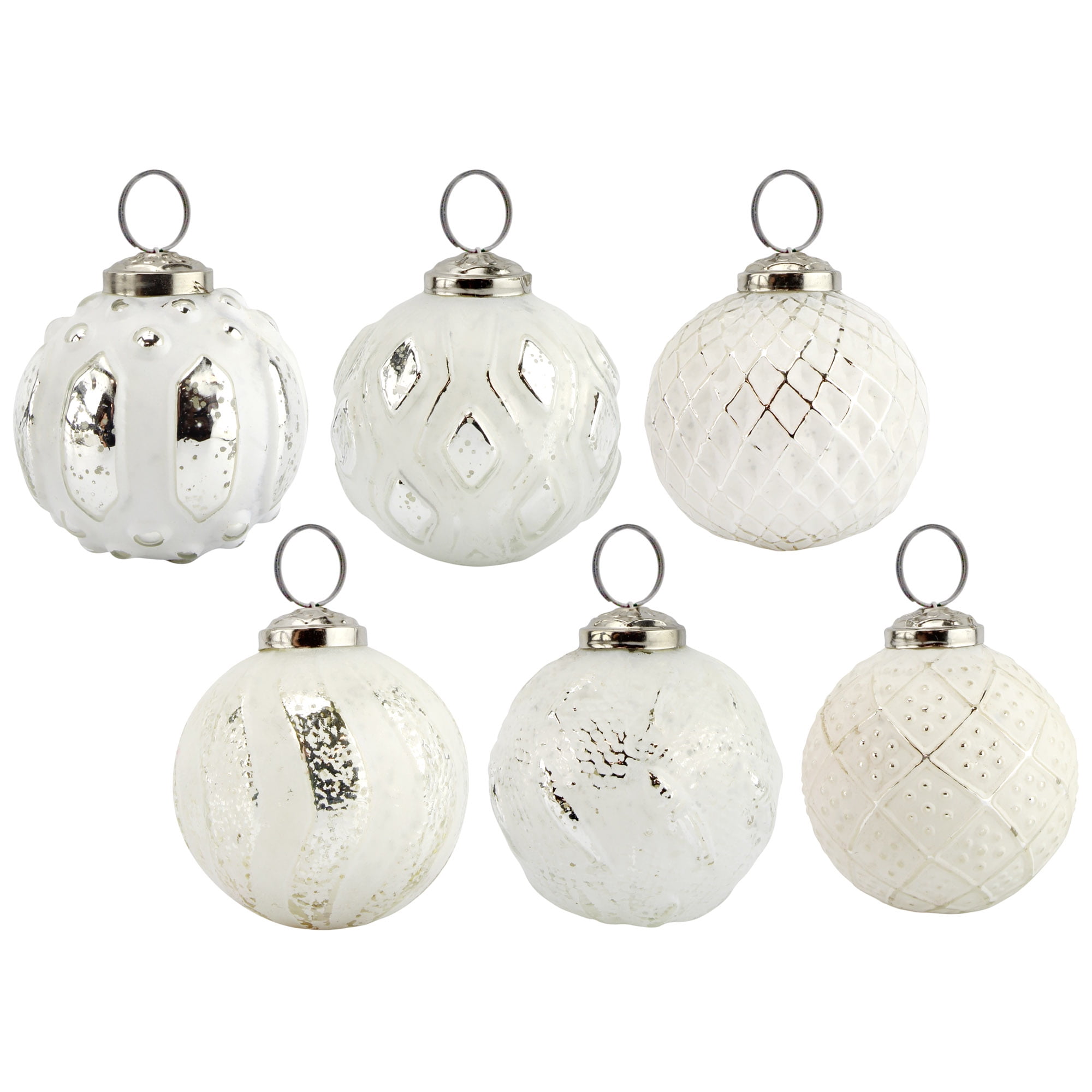 Distressed White Metal and Glass Ball Christmas Ornaments, Set of 6