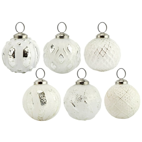 AuldHome Design Farmhouse Ball Ornaments (Set of 6, White); Distressed Metal Glass Ball Vintage Style Christmas Decorations