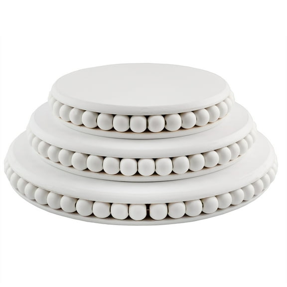 AuldHome Design Farmhouse Beaded Pedestal Tiered Stands (3-Piece Set, White); Rustic Wood Beaded Tray Stack