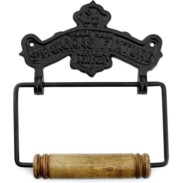 AuldHome Design Farmhouse Cast Iron Toilet Paper Holder; Wall Mount Vintage Decor Style Black TP Hanger