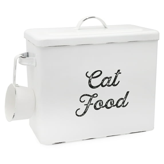 AuldHome Design Farmhouse Cat Food Container (White); Enamelware Rustic Cat Food Bin w/ Scoop