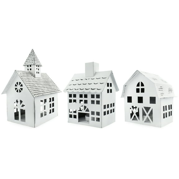 AuldHome Design Farmhouse Christmas Village Collection #2 w/ Church, Barn and School (Set of 3, White); Candle Lantern Decorative Christmas Town Display