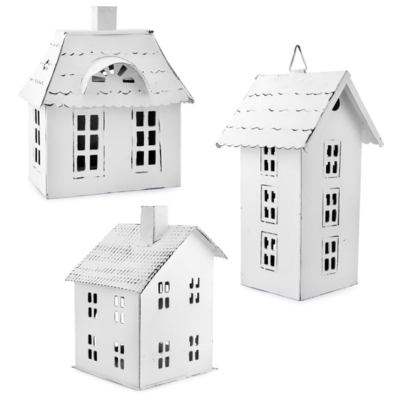 AuldHome Design Farmhouse Decor Tin Houses (Set of 3, White); Candle Lantern Decorative Holiday Christmas Village Display or Votive Holder