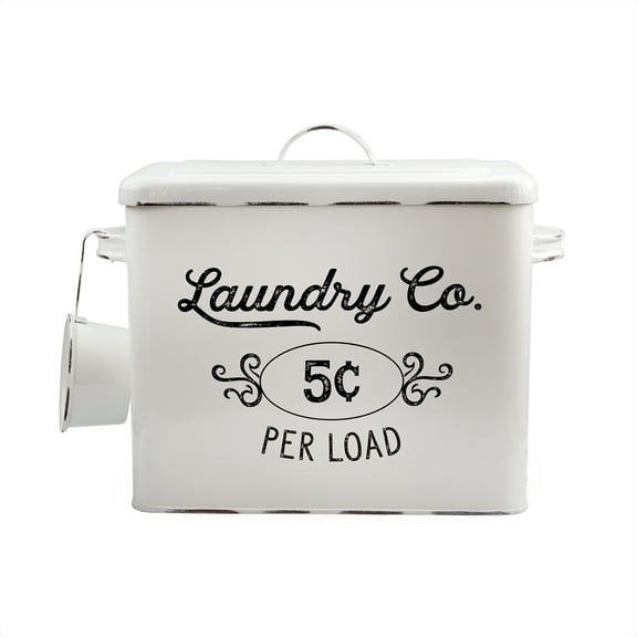 AuldHome Design Farmhouse Laundry Powder Container, White Enamelware Detergent Bin w/ Scoop