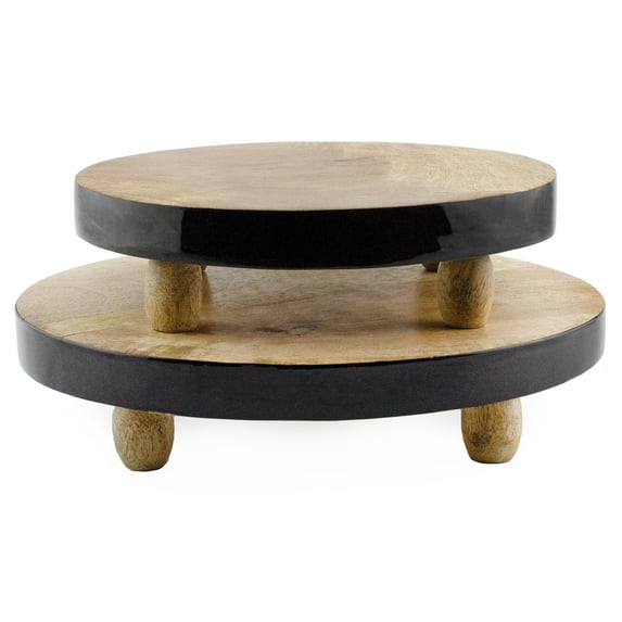 AuldHome Design Farmhouse Round Wooden Risers (Set of 2, Black Trim), Rustic Decorative Risers for Display w/ Natural Mango Wood and Enamel Trim