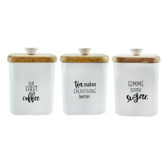 AuldHome Design Farmhouse White Enamelware Canisters (Set of 3); Storage Containers for Coffee, Tea and Sugar in White Enamel and Wood Design