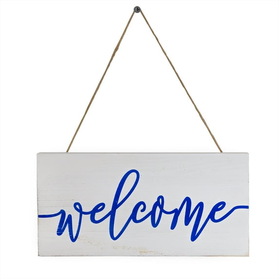 AuldHome Design Farmhouse Wooden Welcome Sign, White and Blue Rustic Style Wood Hanging Plaque, 12 x 6 Inches