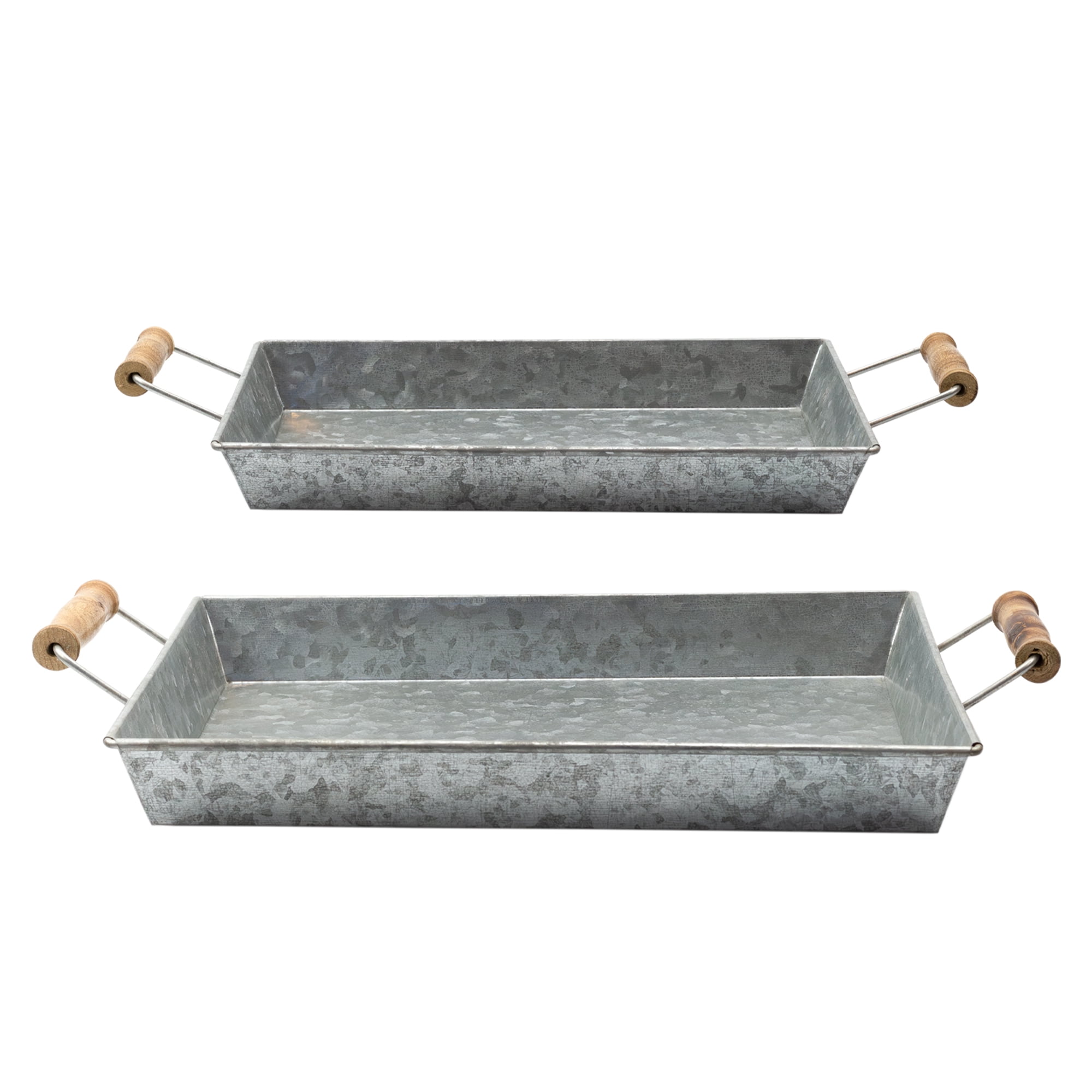 Silver Galvanized Rectangular Trays with Wooden Handles, Set of 2